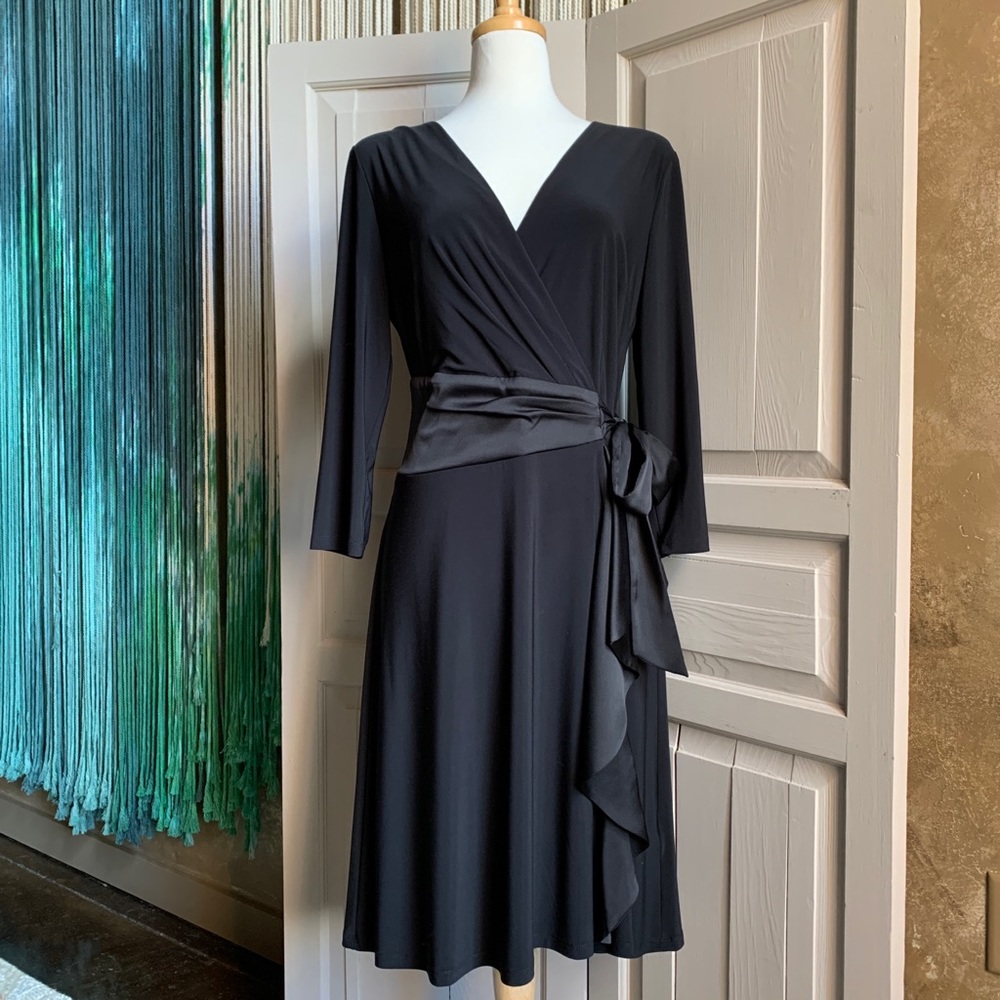 Black Faux-Wrap Jersey Dress with Satin Tie